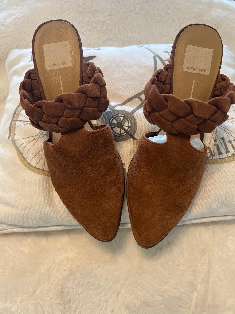 Dolce Vita Chestnut Braided-Strap Suede Mules